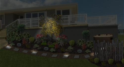 Solar lighting to Spa area with feature tree lit up.