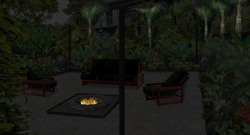 Night lighting & a firepit creates ambience