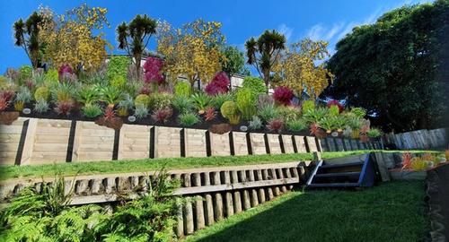 Weed-mat, repeat planting with foliage color and textures.