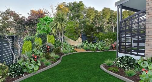 Courtyard Landscaped with a purpose with somewhere to relax and enjoy outdoor living. With a subtropical look and fragrant plants creates your own little piece of paradise.