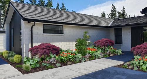 Front of House Repeat planting connects the gardens and gives the entrance an interesting, warm and welcoming feel.