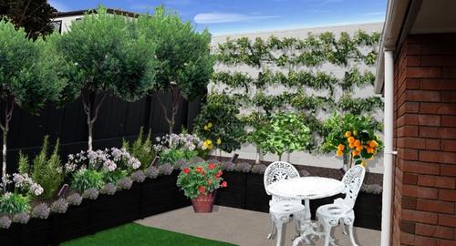 Mediterranean landscape design showing small courtyard without closing the area. At the same time producing plenty of fruit and herbs for cooking.