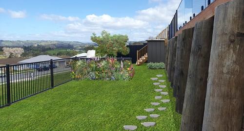 Fruit & citrus trees, blueberry hedge, raised vege garden with a garden shed.